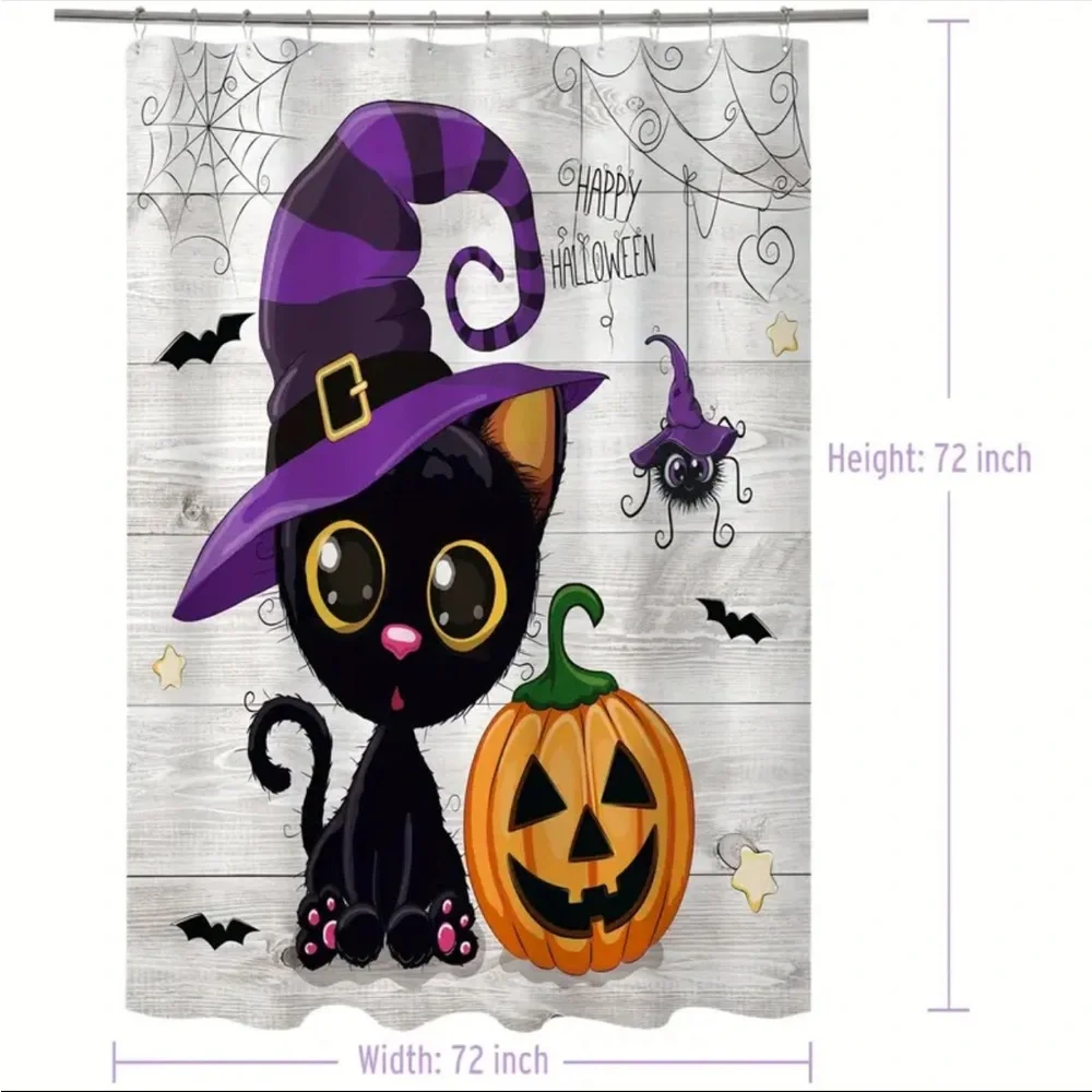 Cute Black‎ Cat Halloween Shower Curtain With Hooks For Bathroom Decoration